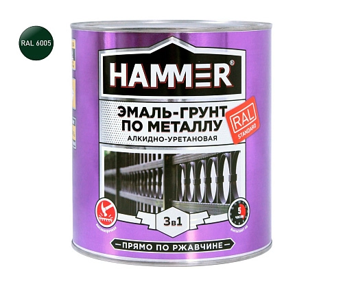 Эмаль-грунт по металлу алкидно-уретановая 3 в 1 HAMMER зеленый мох RAL 6005 п/глянц. 2,7кг /4