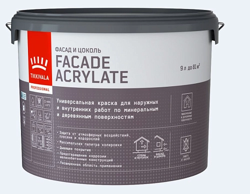 Краска для фасадов и интерьеров Tikkurila Facade Acrylate База A акрилатная гл/мат 9 л / 1