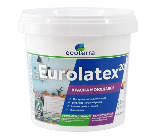 Краска моющаяся ECOTERRA ВД-АК 2180 Eurolatex 20 белоснежная мат 1,3 кг / 9