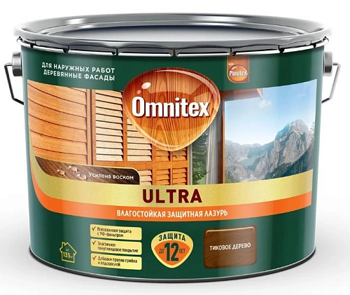 Влагостойкая лазурь для наружных работ Omnitex Ultra тик дерево 9 л / 1