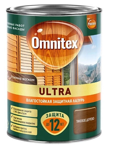 Влагостойкая лазурь для наружных работ Omnitex Ultra тик дерево 0,9 л