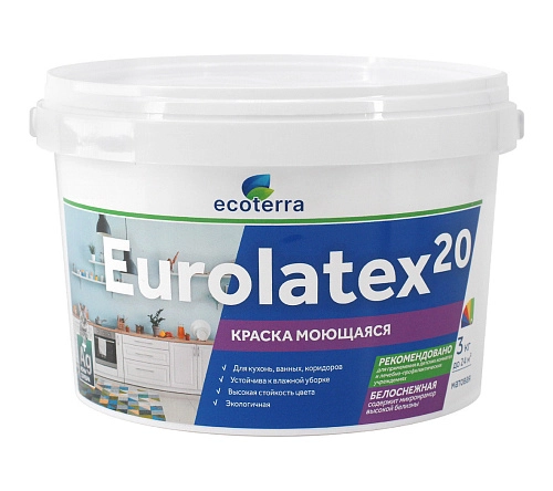 Краска моющаяся ECOTERRA ВД-АК 2180 Eurolatex 20 белоснежная мат 3 кг / 4