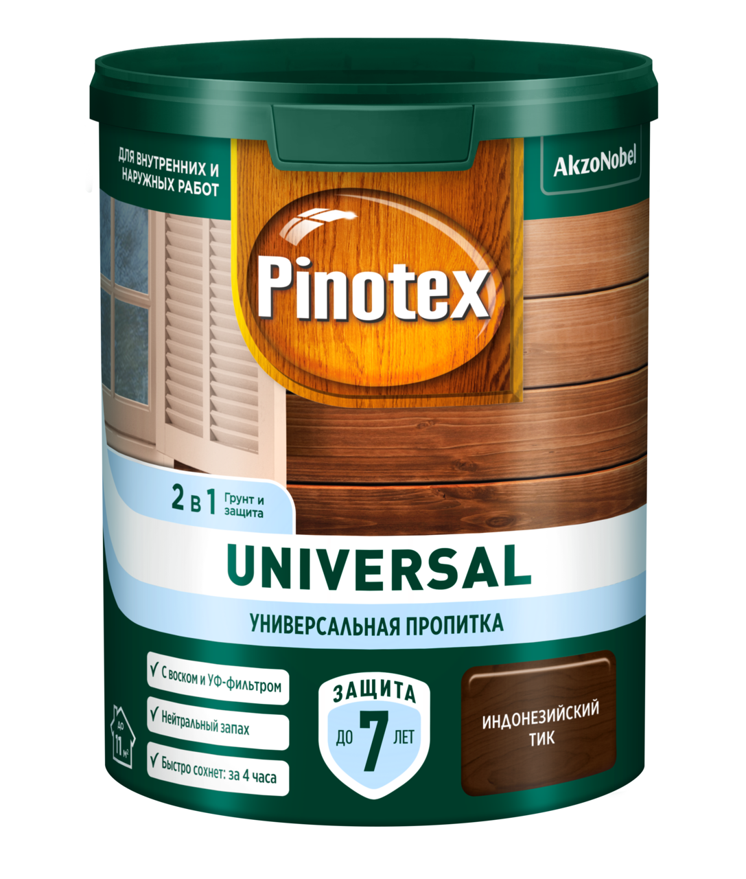 Пропитка для защиты древесины Pinotex Universal 2 в 1 индонезийский тик 9 л / 1