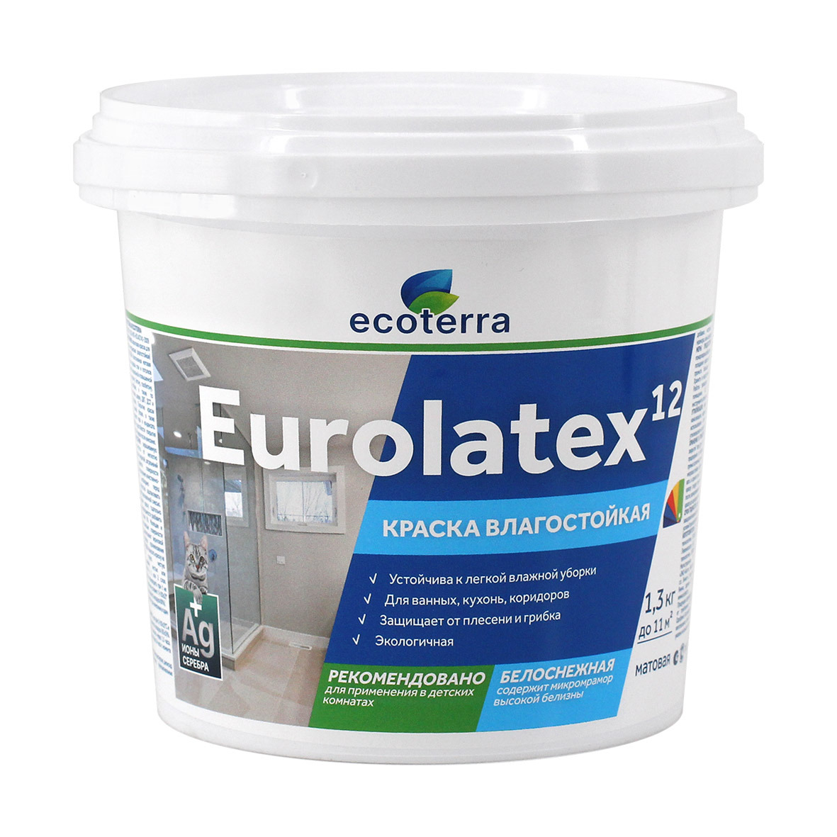 Краска влагостойкая ECOTERRA ВД-АК 2180 Eurolatex 12 белоснежная мат 1,3 кг / 9