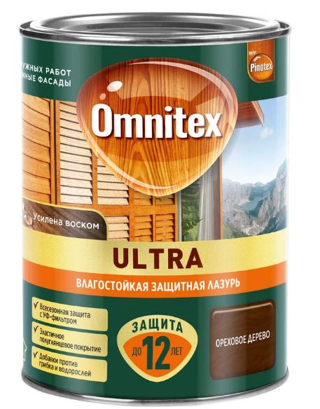 Влагостойкая лазурь для наружных работ Omnitex Ultra орех дерево 0,9 л