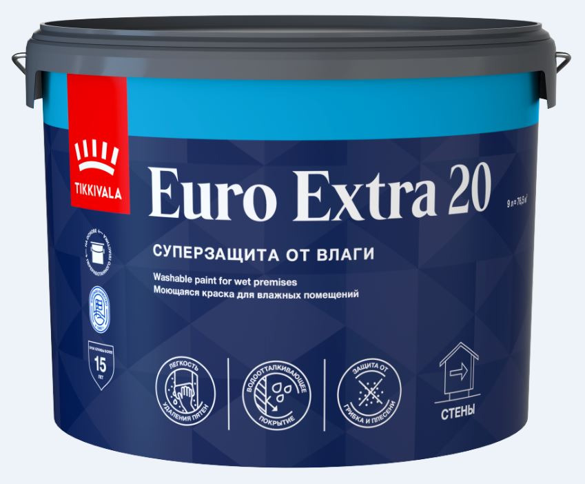 Краска для влажных помещений В/Д Tikkurila Euro 20 База С / Euro Extra 20 п/мат 9 л / 1