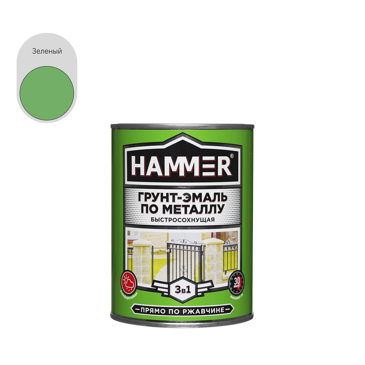 Грунт-эмаль по металлу 3 в 1 HAMMER зеленая б/сохн, 0,9кг /6