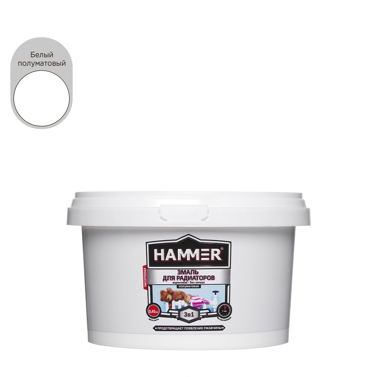 Эмаль для радиаторов 3 в 1 HAMMER акриловая белая п/мат 0,45 кг / 6