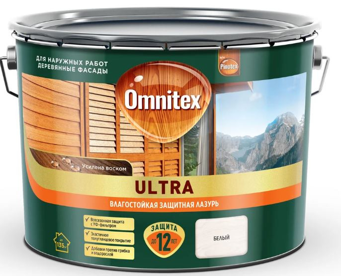 Влагостойкая лазурь для наружных работ Omnitex Ultra белый 9 л