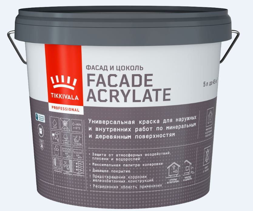 Краска для фасадов и интерьеров Tikkurila Facade Acrylate База C акрилатная гл/мат 5 л / 1