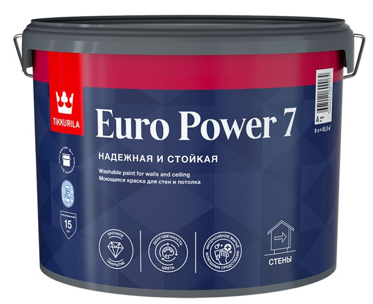 Краска интерьерная В/Д Tikkurila Euro 7 База С / Euro Power 7 мат 9 л / 1