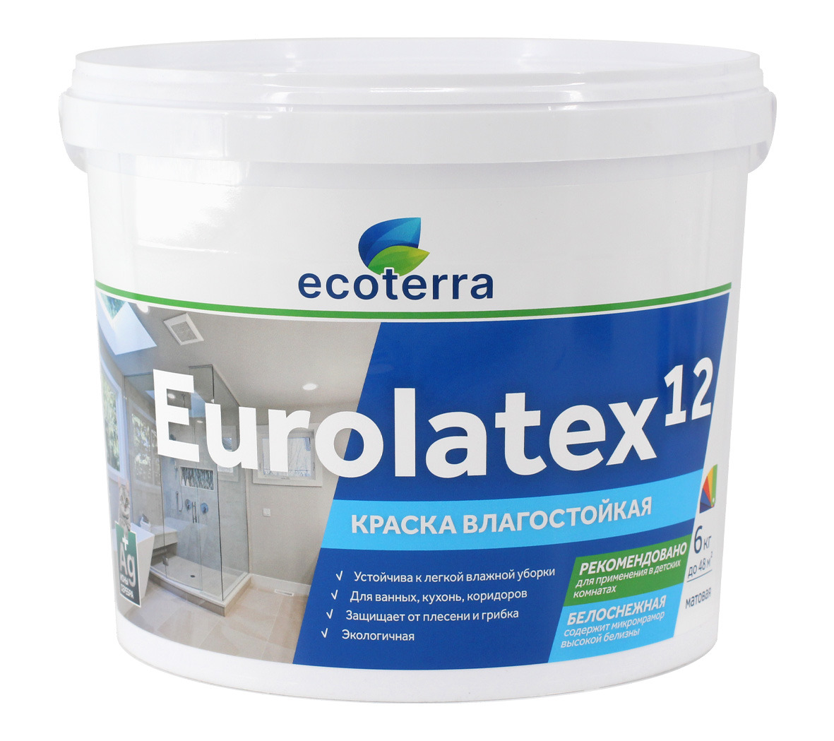 Краска влагостойкая ECOTERRA ВД-АК 2180 Eurolatex 12 белоснежная мат 6 кг / 1