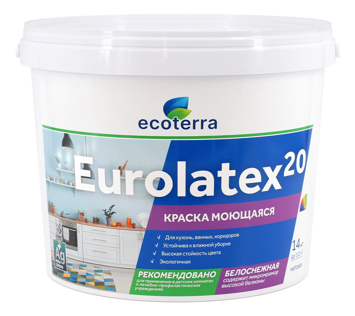 Краска моющаяся ECOTERRA ВД-АК 2180 Eurolatex 20 белоснежная мат 14 кг / 1