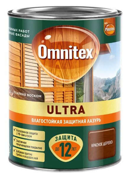 Влагостойкая лазурь для наружных работ Omnitex Ultra красное дерево 0,9 л
