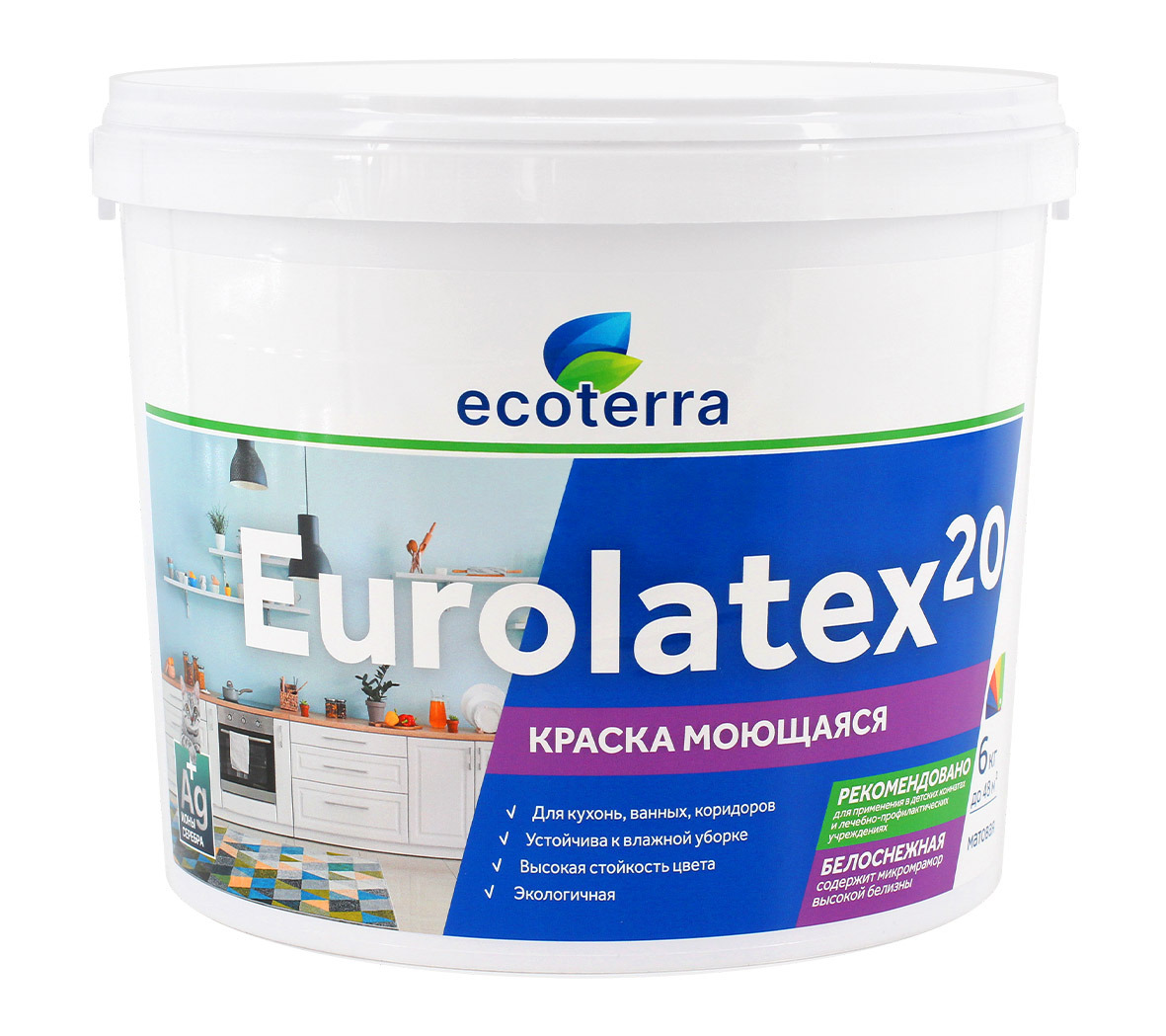 Краска моющаяся ECOTERRA ВД-АК 2180 Eurolatex 20 белоснежная мат 6 кг / 1